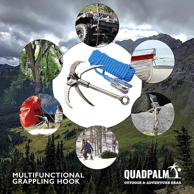 Grappling Hook with 10m Rope – Multifunctional QUADPALM Grapple Hook - 4 Stainless Steel Folding Claws - Heavy Duty - Outdoor Camping Hiking Tree Rock Mountain Climbing Equipment
