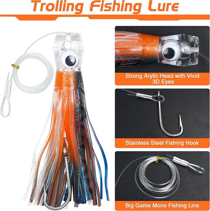 Trolling Lures Saltwater for Tuna Mahi Marlin Wahoo Dolphin Shark Offshore Trolling Baits with Squid Skirt Big Game Fishing Lures Deep Sea Squid Skirts Rig 6/9 inch