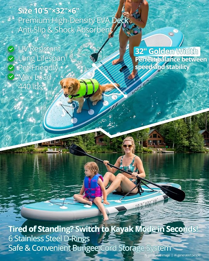 Inflatable Stand Up Paddle Board with Seat, 10'6"/10'5" SUP 440LBS, Recreational Paddleboard for Adults Beginners, Blow Up Paddle Board with Fishing Design, Camera Mount, Cooler Bag & Full Accessories