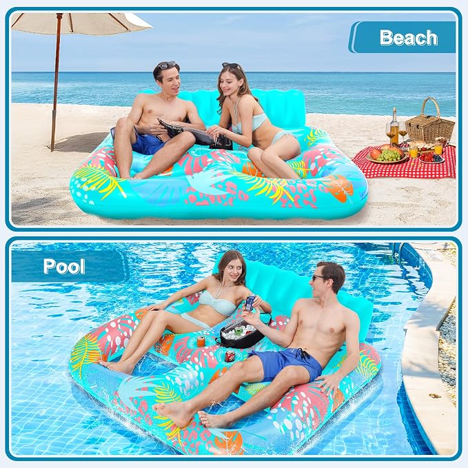 2-Person Inflatable Pool Floats Adult Heavy Duty, 71" x 61" Pool Lounger Float with Cup Holders & Backrest & Removable Insulated Cooler, Thickened Swimming Raft for Pool Party, Lake, Beach, River