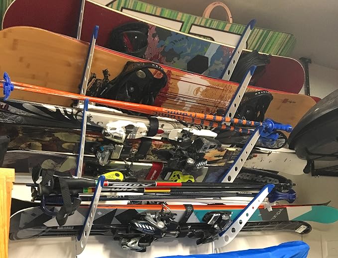 StoreYourBoard Ski & Snowboard Rack, Adjustable Wall Mount Rack Storage System for 4 Boards, Heavy-Duty Garage Wall Organizer for Ski & Snowboards (Snowboard - White)