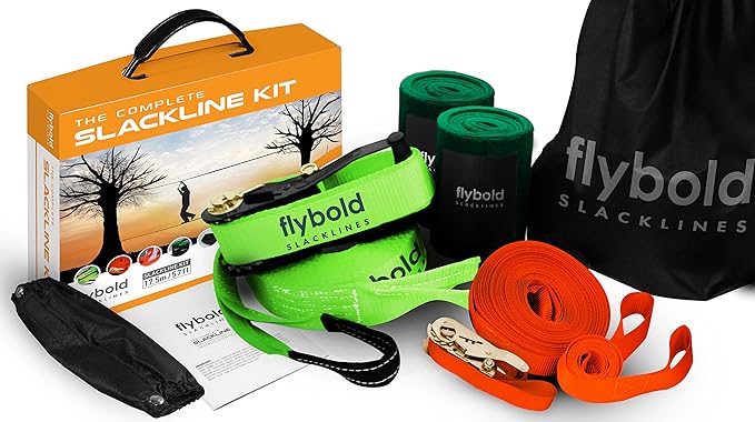 flybold Slackline Kit for Kids and Adults - 57 ft Balance Rope with Training Line, Tree Protectors, Arm Trainer, Ratchet Cover, and Carry Bag - Ideal for Tightrope Walking and Slackline Zipline