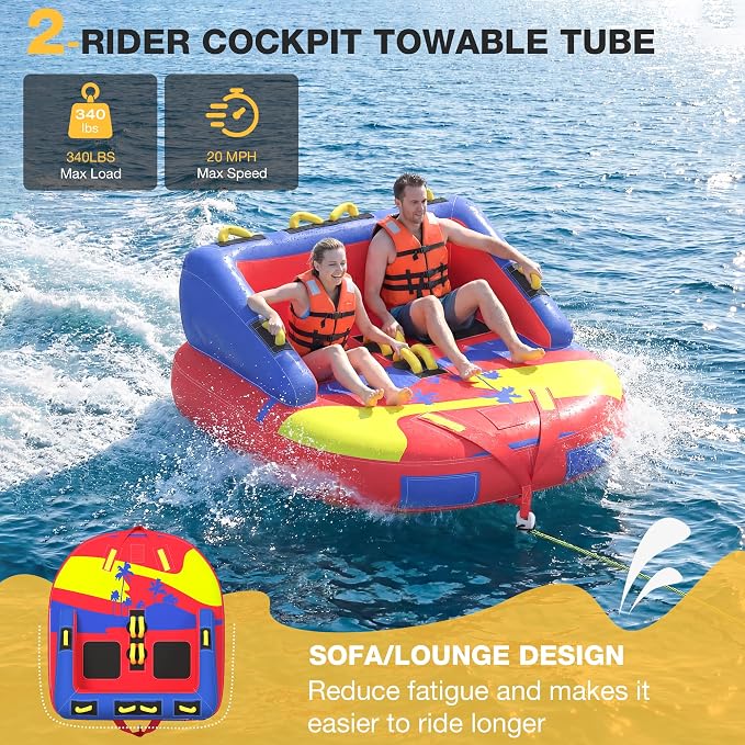 2-Person Towable Tubes for Boating with Towable Rope, Couch Reversible Boat Tube, Padded Bolster Guard Handles & Quick-Connect Tow Point | Towable Rope,Couch Reversible Boat Tube,Padded Bolster Guard Handles,Quick-Connect Tow Point