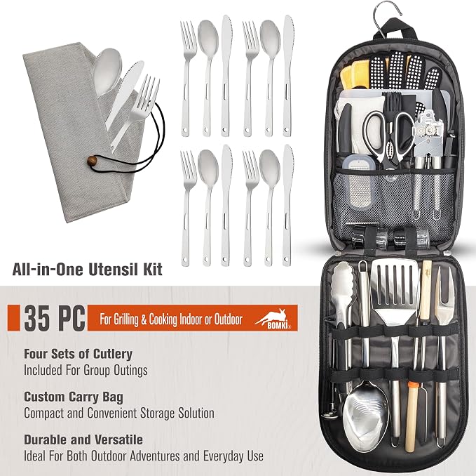 BOMKI Grilling and Camping Cooking Utensils Set for The Outdoors BBQ - Camping Utensil Set Kitchen Set Cookware Accessories Glamping Essentials Camp Stuff Camp Cooking Set (Black Pro)