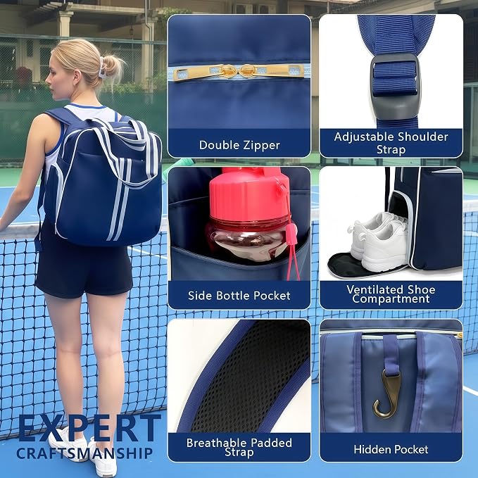 Pickleball Bag for Women Men, Large Pickleball Backpack with Shoe Compartment, Pickle Ball Bag with Paddle Cover Pocket Holds 2 Paddles