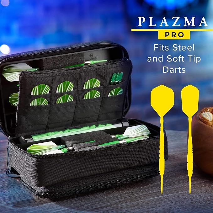 Casemaster Plazma Pro, 6 Dart Case for Soft and Steel Tip Darts, Features Large Front Mobile Device Pocket, Built-In Storage Tubes and Pockets for Flights, Tips, Shafts, and Personal Items