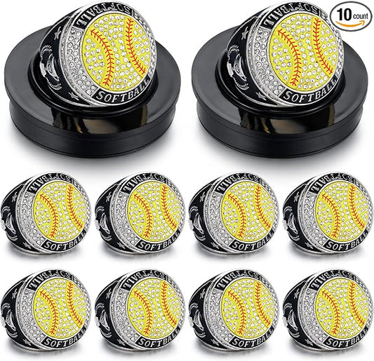 Highergo 10 Pcs Basketball Softball Baseball MVP Dancer Champion Trophy Ring with Display Stand Star Football Soccer Volleyball Golf Cheerleading Bowling Track Field
