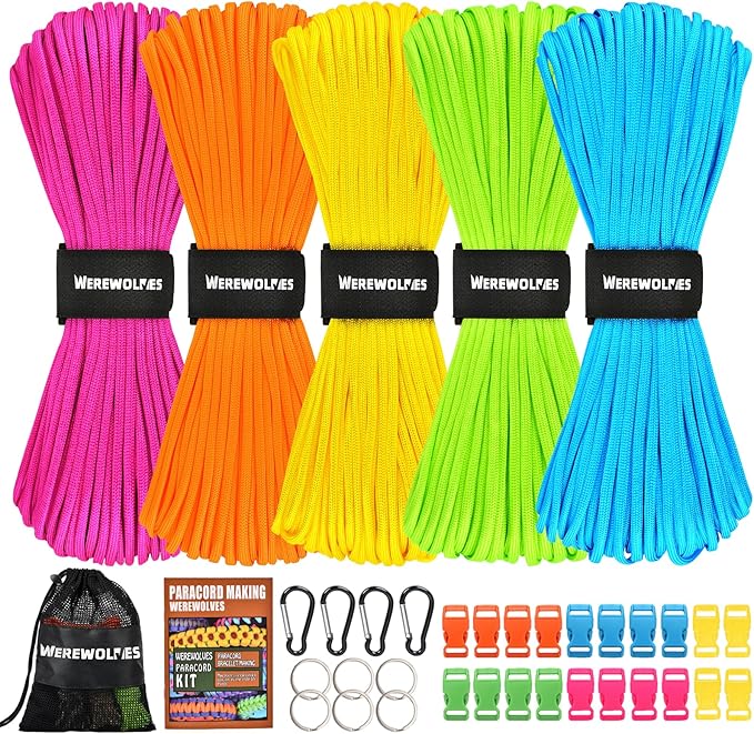 WEREWOLVES 550 Paracord Kits 100ft Each Color - 5 Colors Parachute Cord Combo 7 Strand Type III Parachute Cord 4mm for Crafting, Dog Collar, Survival Bracelets