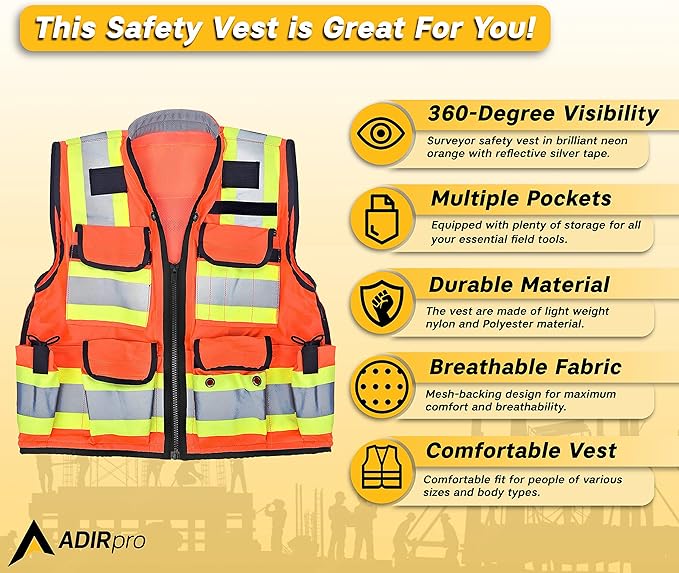 AdirPro Surveyor Safety Vest with Pockets - High visibility Reflective Construction Vest