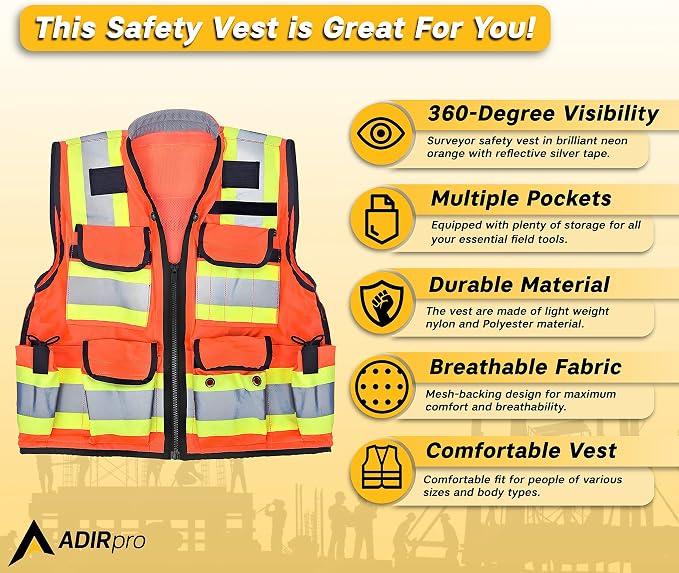 AdirPro Surveyor Safety Vest with Pockets - High visibility Reflective Construction Vest