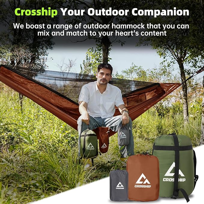Camping Hammock with Mosquito Net – Portable Parachute Nylon Hammock Tent with Tree Straps, Camp Rope & Stake - for Hiking, Backpacking, Travel, Backyard, Beach – Holds Up to 500lbs (Orange)