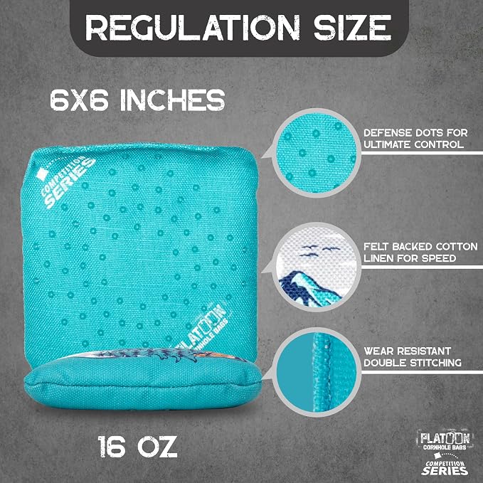 Play Platoon Competition Series Cornhole Bags Set of 8 Regulation Professional Weight Double Sided Slick and Stick with Rubber Sticky Dot Slow Side for Pro Corn Hole Bean Bag Toss Game-Designed in USA
