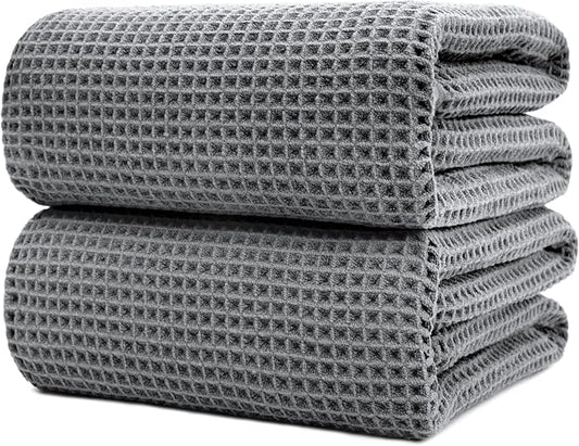 POLYTE 430 GSM Microfiber Quick Dry Lint Free Bath Sheet, 70 x 35 in, Set of 2 (Waffle Weave)