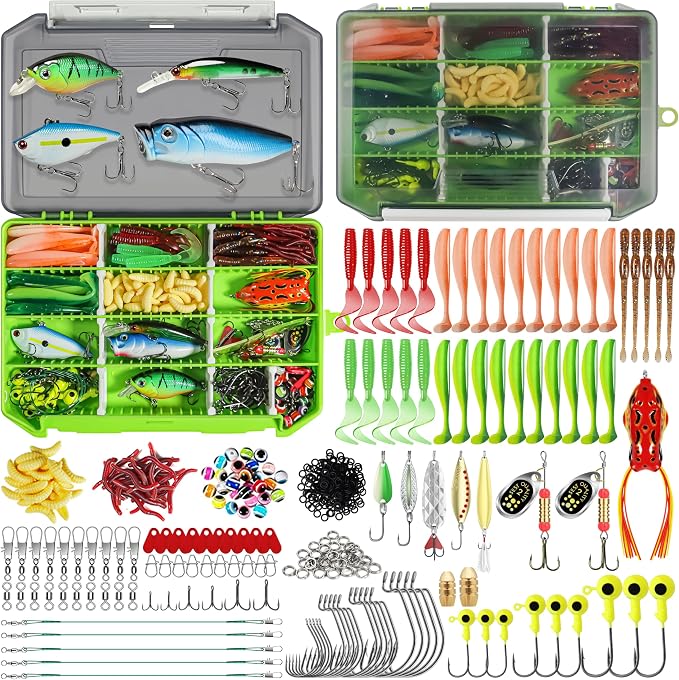 GOTOUR 128/209/240/265pcs Fishing Lures Kit with Tackle Box, All-in-1 Fishing Accessories Gear Set with Soft Lure, Minnow, Crankbait, Hooks, Sinkers, and Terminal Tackle Kit, Fishing Gifts for Men