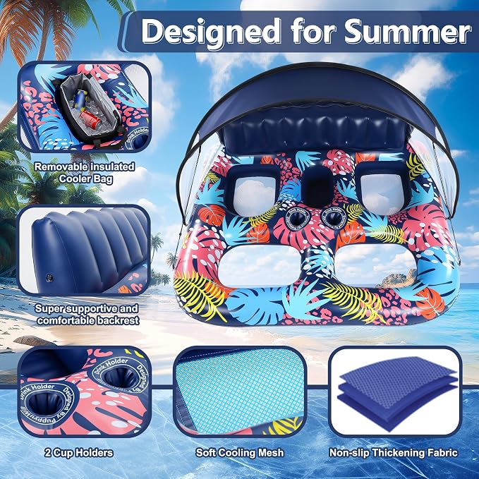 2-Person Inflatable Pool Floats Adult Heavy Duty, 71" x 61" Pool Lounger Float with Cup Holders & Backrest & Removable Insulated Cooler, Thickened Swimming Raft for Pool Party, Lake, Beach, River