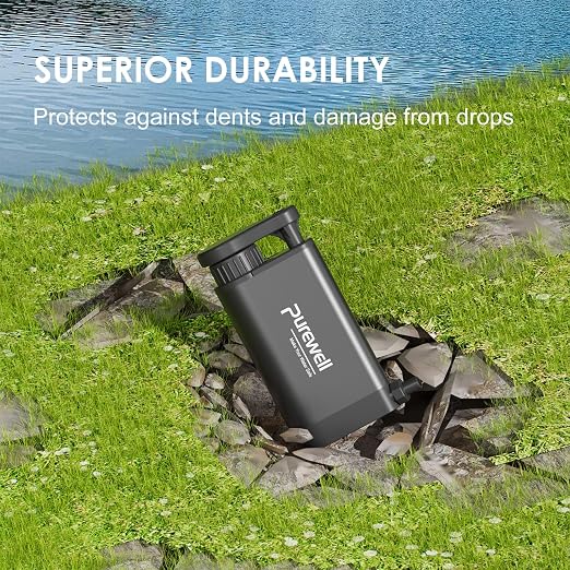 Purewell Stainless Steel Water Filter Pump with Replaceable Carbon 0.01 Micron Water Filter, 3 Filter Stages, Portable Outdoor Emergency and Survival Gear - Camping, Hiking, Backpacking(Black)