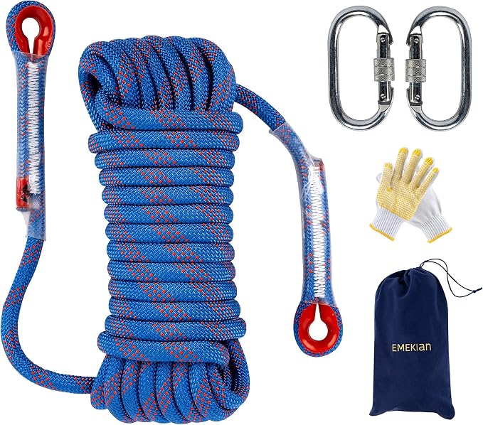 Indoor Outdoor Climbing Rope, 10/12/14mm (32FT/49FT/65FT/98FT) Static Rock Climbing Rope for Escape Rope, Ice Climbing Equipment, Fire Safety Rescue Rope, with Non Slip Gloves