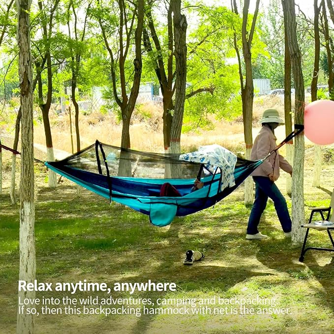 Hammock with Mosquito Net - Lightweight, Portable, 1 Person Hammock - for Camping, Hiking, Backpacking, Travel, a Festival, or The Beach (Blue)