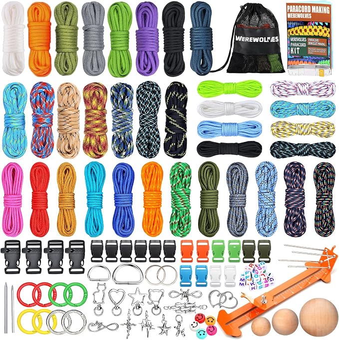 WEREWOLVES Paracord Bracelet Jig Kit - 4MM, 3MM, 2MM Parachute Combo Kit, 10FT Rope Complete Accessories and Paracord Jig Bracelet Maker (Nature, 10FT-35 Color)