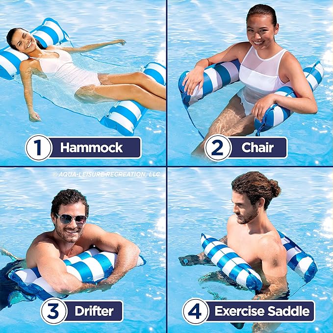 Aqua 4-in-1 Monterey Hammock Pool Float & Water Hammock, Multi-Purpose, Inflatable Pool Floats for Adults, Patented Thick, Non-Stick PVC Material, One Light Blue & One Navy/White Stripe, 2-Pack