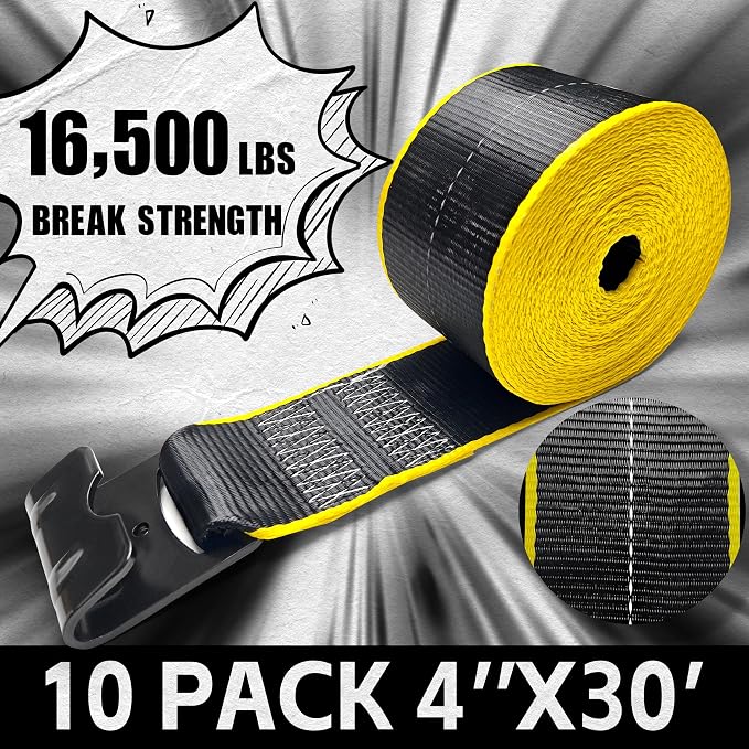 KJE 10 Pack Reflective 4 Inch Straps for Flatbed Trailer, 4" x 30' Black Heavy Duty Tie Down Truck Strap, WLL# 5,500 lbs w/Flat Hooks Winch Straps, Cargo Control for Flatbed Truck
