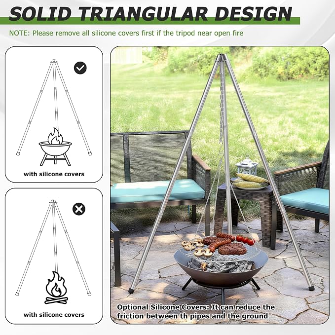 HaSteeL Campfire Tripod for Cooking, Stainless Steel Camping Tripod Grill for Outdoors Beach Backyard Firepit BBQ, Openfirer Stand Hanger with 17” Folding Rack & 6 Barbecue Tools, Adjustable Height