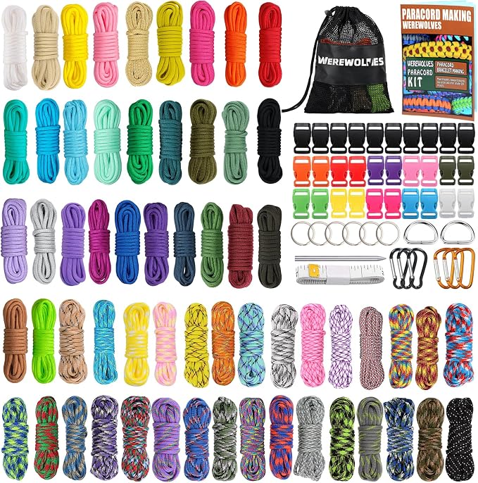 WEREWOLVES 60 Colors Paracord Cord, 550 Paracord Bracelet Crafting Combo Kits with Instruction - Multifunction Paracord Ropes, 10 Feet Each Parachute Cord for DIY Manual Braiding