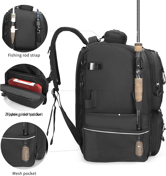 Rabjen Fishing Tackle Backpack, 45L Storage Waterproof Travel Bag Store Fishing Gear with Insulated Top Pocket