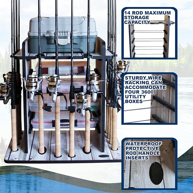 Rush Creek Creations Fishing Rod Holder for 14 Saltwater/Freshwater Rods, Fishing Pole Holder w/ up to 4 Fishing Gear Tackle Box Storage for Garage Organization/Boat Storage for Fishing Accessories | Fishing Pole Holder