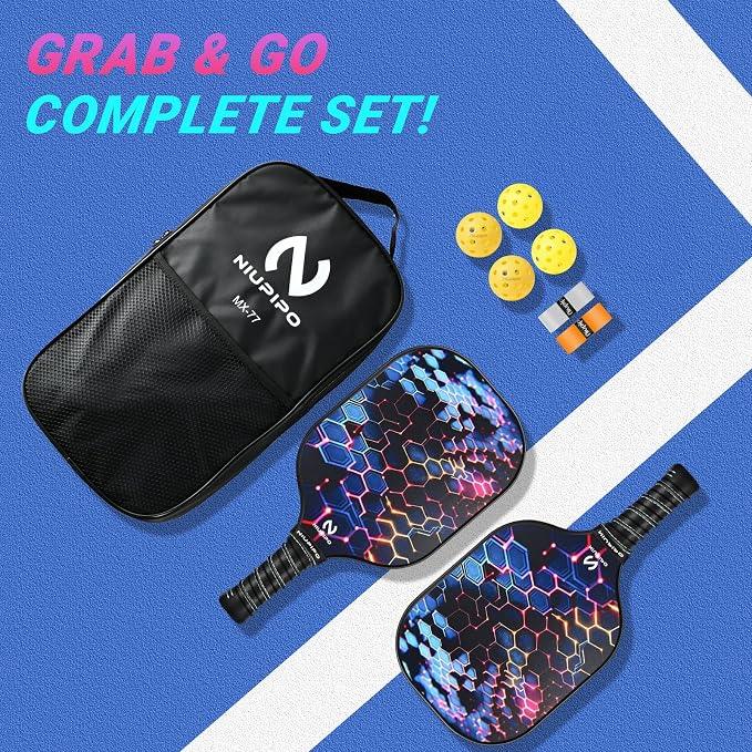 niupipo Pickleball Paddles Set of 2 or 4, USAPA Approved Fiberglass Pickleball Paddle Set with Balls and Bag, Polypropylene Honeycomb Core, Lightweight Pickleball Paddles for Beginners Men Women