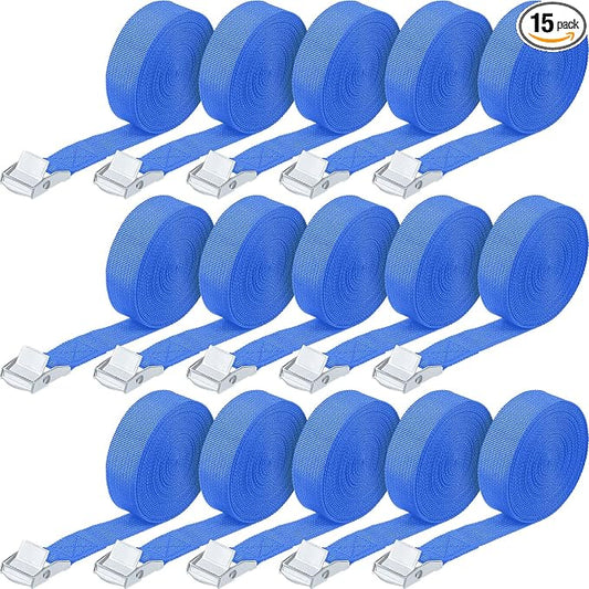 Riakrum 15 Pack 16 Feet Lashing Straps Adjustable Kayaks Tie Down Cam Buckle Straps with Buckles up to 250lbs for Cargo, Luggage, Motorcycles, Truck, Car Roof Rack, Sup Surfboard(Blue)