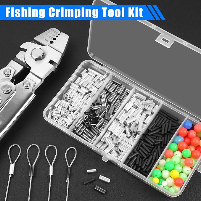 Fishing Crimping Tool Kit Fishing Crimping Pliers Stainless Steel Wire Crimping Tool with 500pcs Crimp Sleeves Set, 4 Size Crimp Sleeves Fishing Tackle Pliers