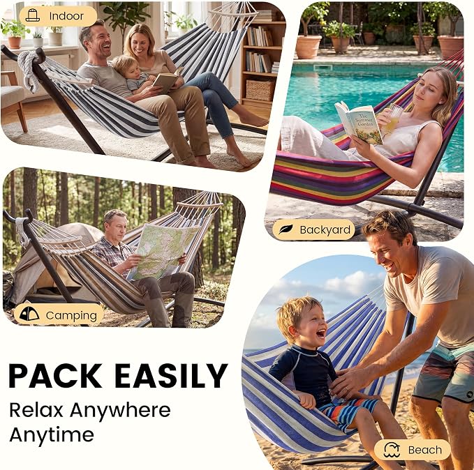EveryFun Double Hammock with Heavy-Duty Steel Stand,Portable,Easy Assembly,600lbs Weight Capacity,Perfect for Indoor,Yard,Camping,or Outdoor-Rainbow