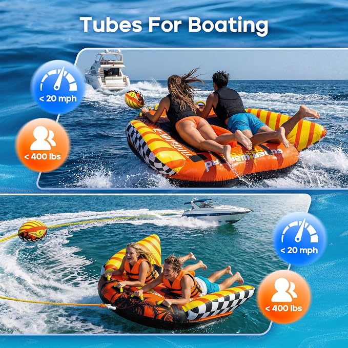 Towable Tubes for Boating - 2-3 Person Shark Battle Tank, Boat Tubes & Towables, EVA Foam Pads, Drainage, Super Safe Handle, Quick Connector