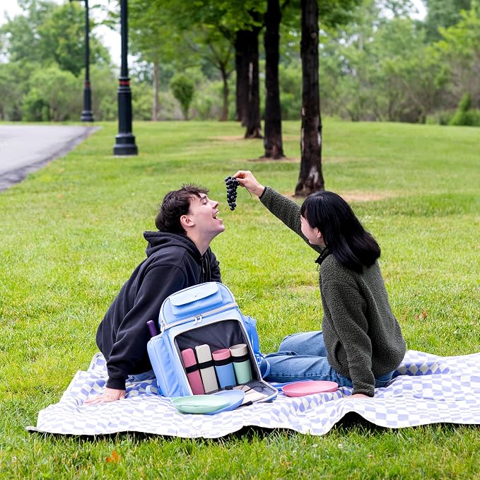 J World Picnic Backpack Cooler for 4. Insulated Picnic Basket Set with Folding Waterproof Blanket. Beach Camping Wedding Engagement Gift for Couples, Sky Blue