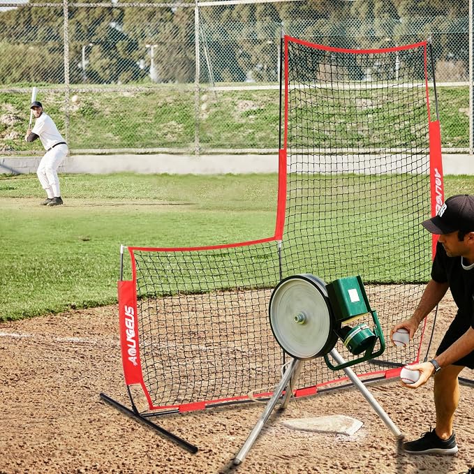 Baseball & Softball Portable Practice Batting Screen, 7-FT I-Screen or L-Screen Pitching Net for Pitcher Protection with Carry Bag and Ground Stakes