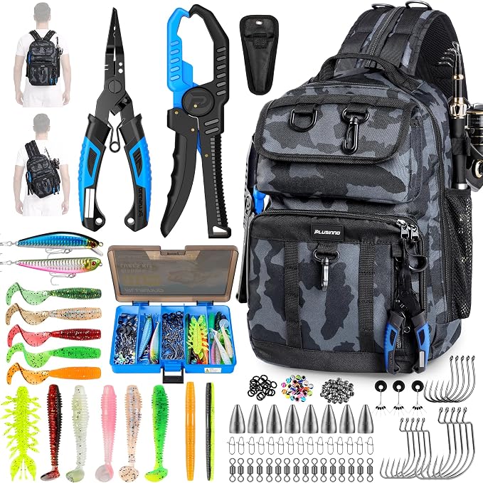 PLUSINNO Fishing Backpack with Fishing Gear, Tackle Box, Fish Accessories & Tools, Waterproof Sling Tackle Bag with Rod Holders, Lures for Freshwater/Saltwater, Fish Gifts for Men