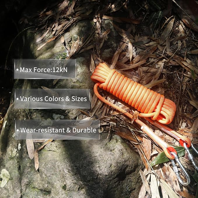 NewDoar Climbing Rope 8(5/16in),10mm (3/8in), High Strength Accessory Cord Rope with 2 Steel Hooks, for Outdoor Rescue Rappelling Rope Down Cliffs ledges Safety Escape Tow Strap Equipment(Orange)