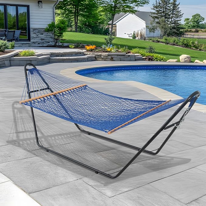 Lazy Daze Hammocks 12FT Double Rope Hammocks, 2 Person Hand Woven Cotton Hammock with Spreader Bar for Outside, Patio, Poolside, FIT 13-15 FT Stand, Max 450 Lbs, Blue, 141 x 57 inches