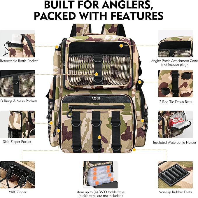 MGB 46L Fishing Tackle Backpack with 2 Rod Holders & YKK Zipper Storage Fishing Gear and Equipment, Gifts for Men Father