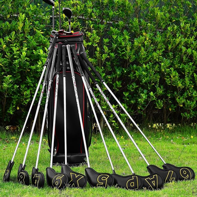 Craftsman Golf 10pcs Red No. on Both Sides Magnetic Closure Classic Black Leather Iron Headcover Covers Set Travel Cases Protector Available Custom with Name