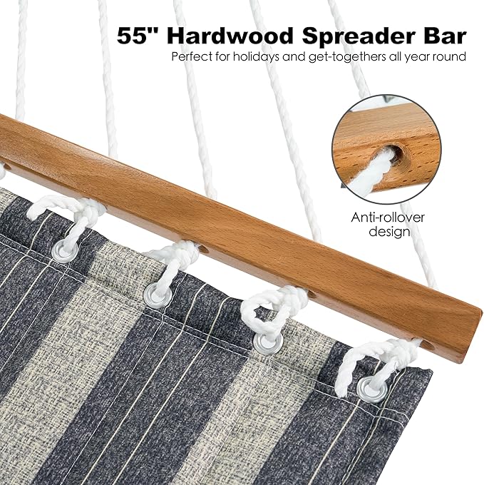 GAFETE Hammock 2 Person Quilted Fabric Hammocks for Outside, Double 12ft Hammocks with Spreader Bar, Large Removable Pillow, Storage Bag, Carabiners, Max 475 lbs Capacity (Mountain Mist Gray)