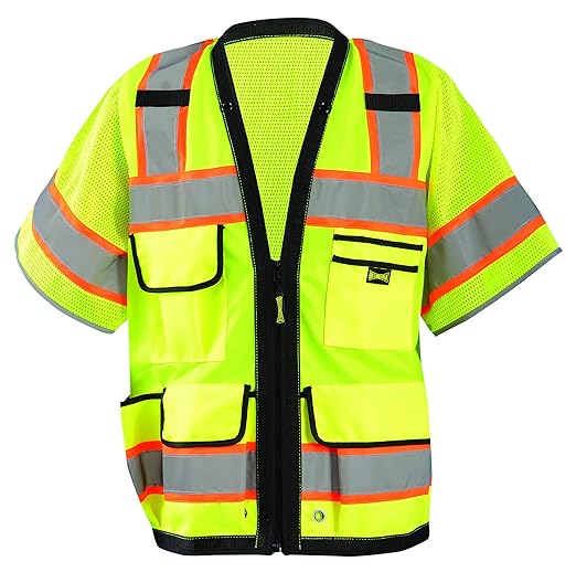 OccuNomix LUX-HDS2T3-Y5X Heavy Duty Solid/Mesh Two-Tone Surveyor Vest with Zipper, 8 Pockets, Class 3, 100% ANSI Polyester, 5X-Large, Yellow (High Visibility)