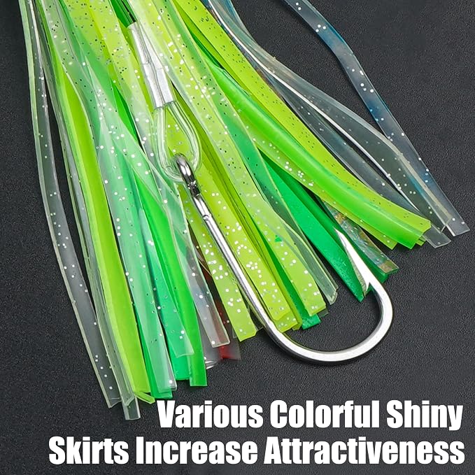Trolling Lures Saltwater for Tuna Mahi Marlin Wahoo Dolphin Shark Offshore Trolling Baits with Squid Skirt Big Game Fishing Lures Deep Sea Squid Skirts Rig 6/9 inch