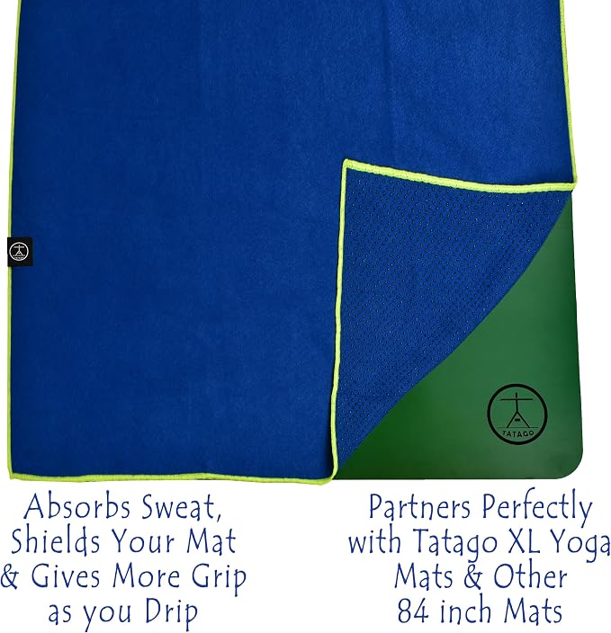 Tatago Hot Yoga Mat Towel Non Slip for Hot Yoga (72-84 inch Mats) Our Hot Yoga Towel Non Slip Silicone Dabs & Absorbent Microfiber Blend Gives You More Grip As You Drip! (Azuloro, XL - 84")