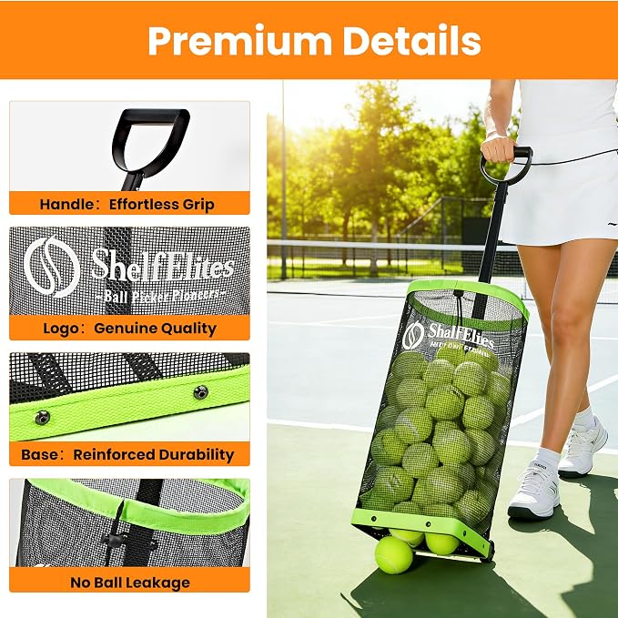 Tennis Ball Hopper with Telescopic Handle - Holds 50+ Tennis Balls or 40+ Pickleballs, Portable Tennis Ball Picker with Quiet Wheels，Built for Hard Courts & Daily Practice