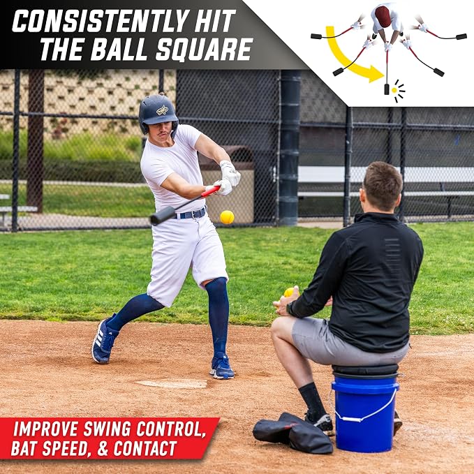 GoSports Baseball & Softball Rope Swing Trainer - Hitting System Training Equipment - Includes FLO BAT with 12 Foam Baseballs & Tote Bag