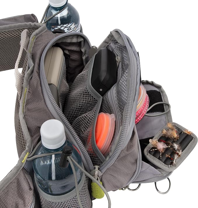 Allen Company Eagle River Lumbar Fly Fishing Pack - Holds 6 Fly Boxes, Zip‑Down Workstation, Waist Bottle Pockets, Durable Outdoor Waist Pack - Gray/Lime and Olive Green