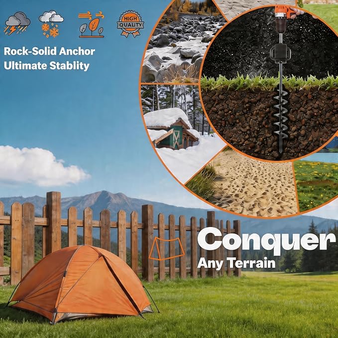 15in Screw in Tent Stakes for 2026 - Ground Anchors Screw in(Orange,12PCS) | Tent Stakes Heavy Duty with drill adapter and 30ft nylon rope; for tent anchors and heavy duty ground anchoring