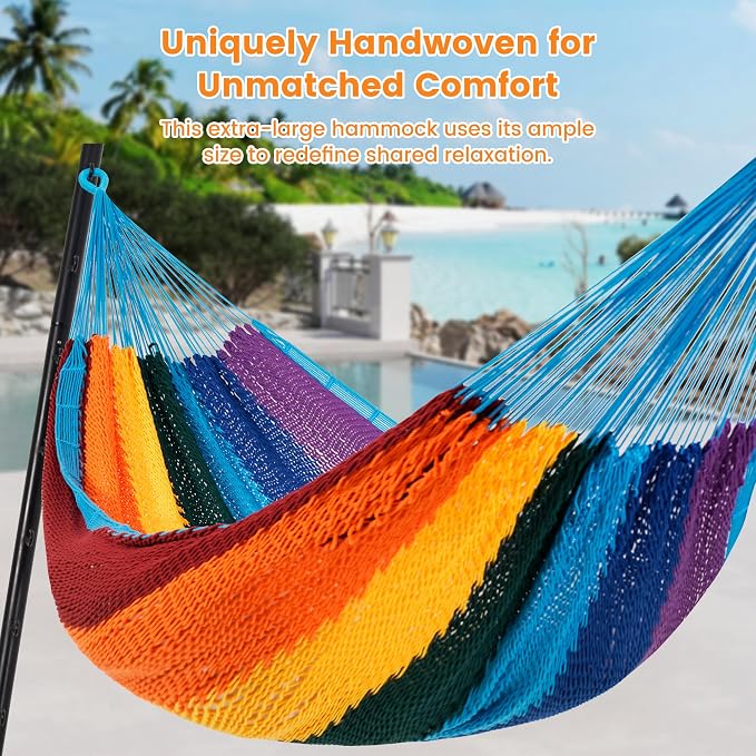 Lazy Daze Hammocks Handwoven XL Mayan Hammock, 10.5 FT Soft Rope Double Hammocks, Portable Outdoor Hammock with Carry Bag, 2 Straps & Carabiners for Patio Outside, 550 lbs Weight Capacity, Rainbow